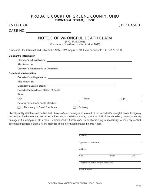 GC Form 70.4-A Notice of Wrongful Death Claim - Greene County, Ohio