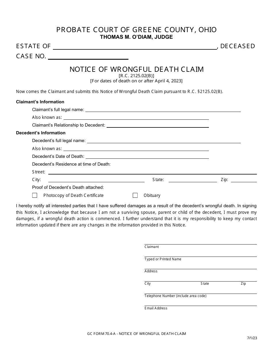 GC Form 70.4-A Notice of Wrongful Death Claim - Greene County, Ohio, Page 1