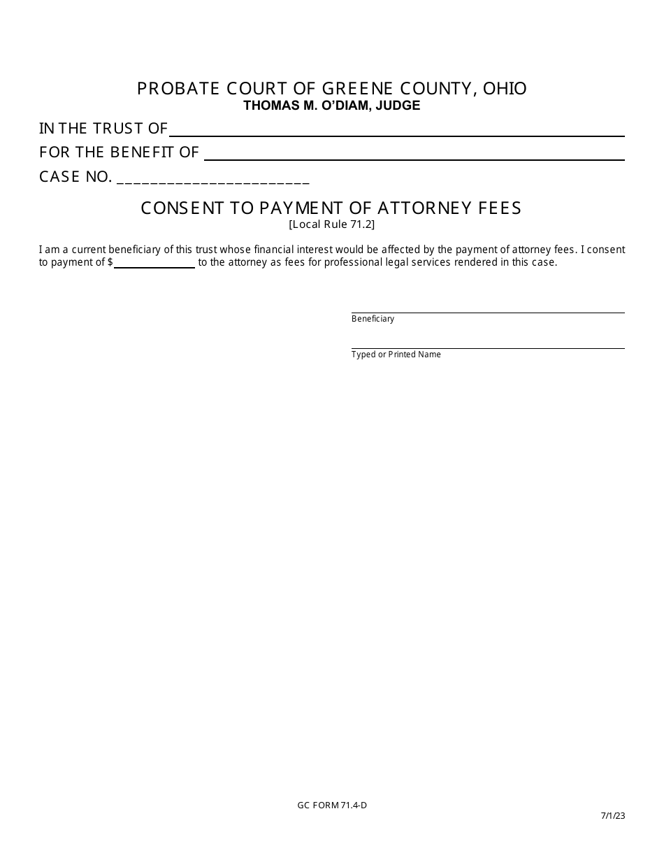 GC Form 71.4-D Consent to Payment of Attorney Fees - Greene County, Ohio, Page 1