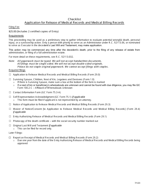 Checklist for Application for Release of Medical Records and Medical Billing Records - Greene County, Ohio Download Pdf