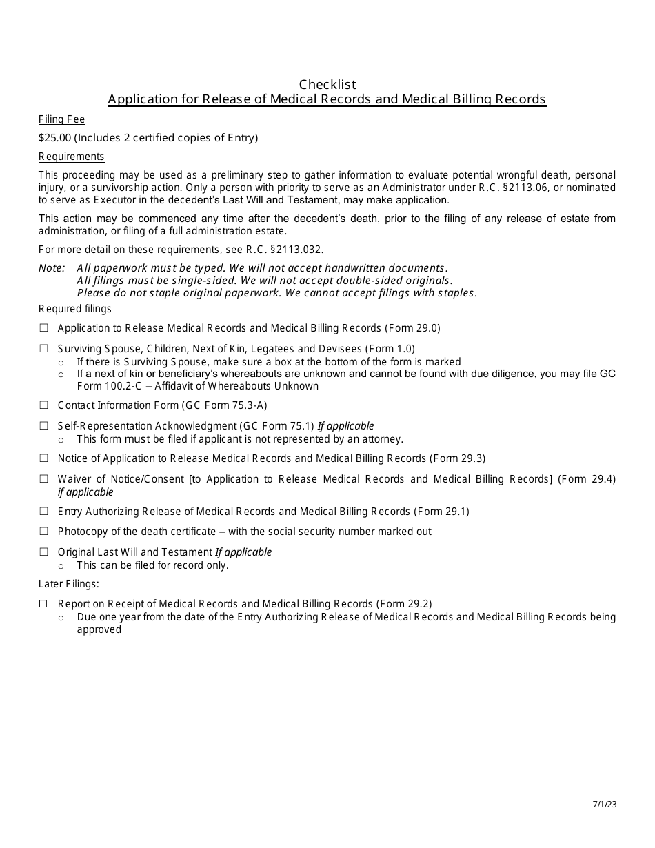 Checklist for Application for Release of Medical Records and Medical Billing Records - Greene County, Ohio, Page 1