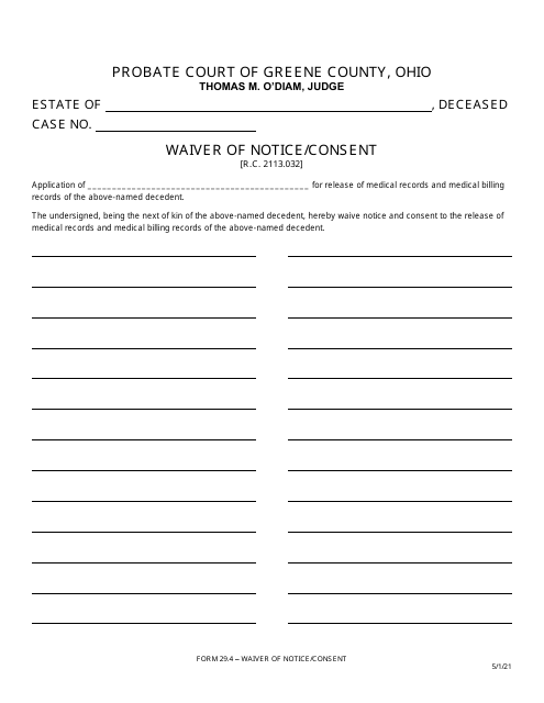 Form 29.4 Waiver of Notice/Consent - Greene County, Ohio