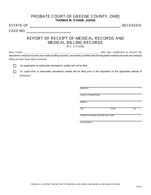 Form 29.2 Report of Receipt of Medical Records and Medical Billing Records - Greene County, Ohio