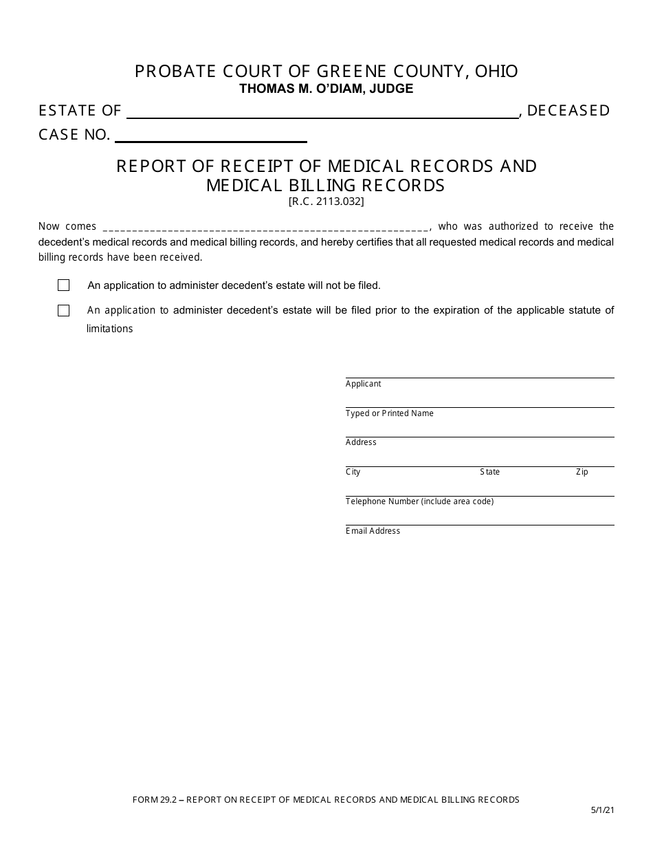 Form 29.2 Report of Receipt of Medical Records and Medical Billing Records - Greene County, Ohio, Page 1