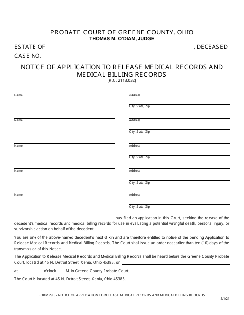 Form 29.3 Notice of Application to Release Medical Records and Medical Billing Records - Greene County, Ohio