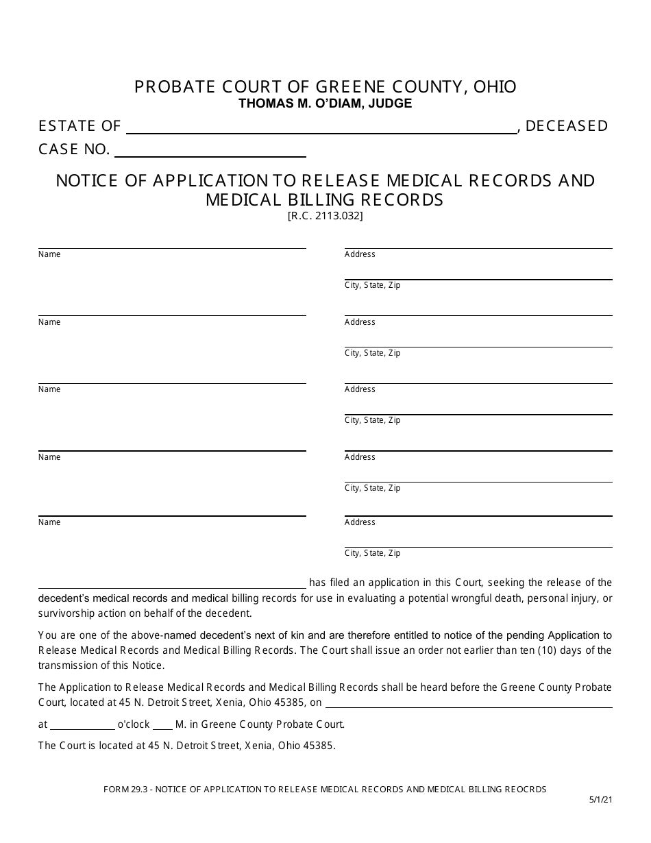 Form 29.3 Notice of Application to Release Medical Records and Medical Billing Records - Greene County, Ohio, Page 1