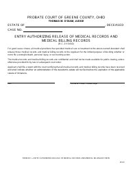 Document preview: Form 29.1 Entry Authorizing Release of Medical Records and Medical Billing Records - Greene County, Ohio