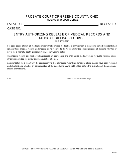 Form 29.1 Entry Authorizing Release of Medical Records and Medical Billing Records - Greene County, Ohio