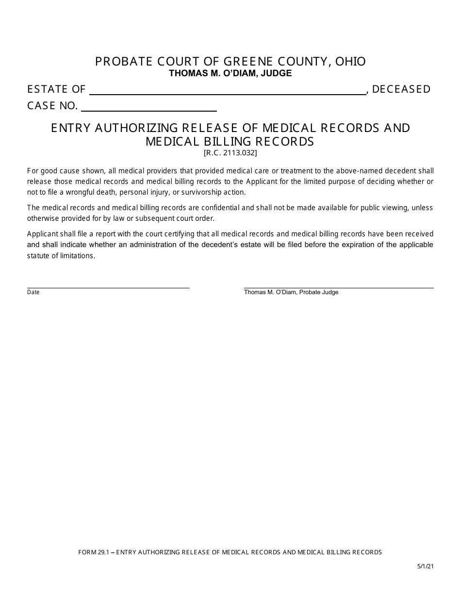 Form 29.1 Entry Authorizing Release of Medical Records and Medical Billing Records - Greene County, Ohio, Page 1