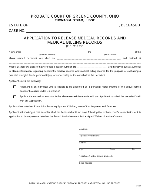 Form 29.0 Application to Release Medical Records and Medical Billing Records - Greene County, Ohio