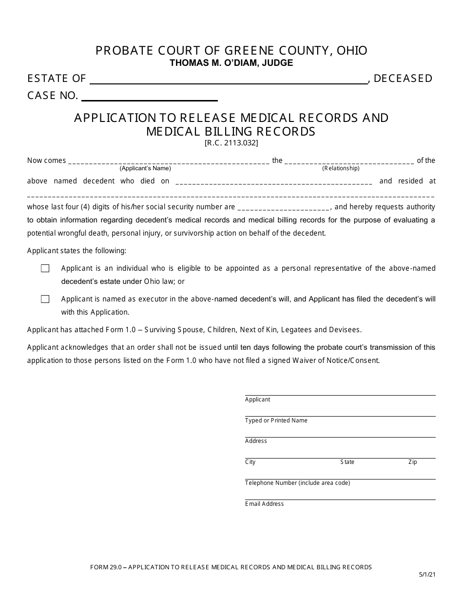 Form 29.0 Application to Release Medical Records and Medical Billing Records - Greene County, Ohio, Page 1