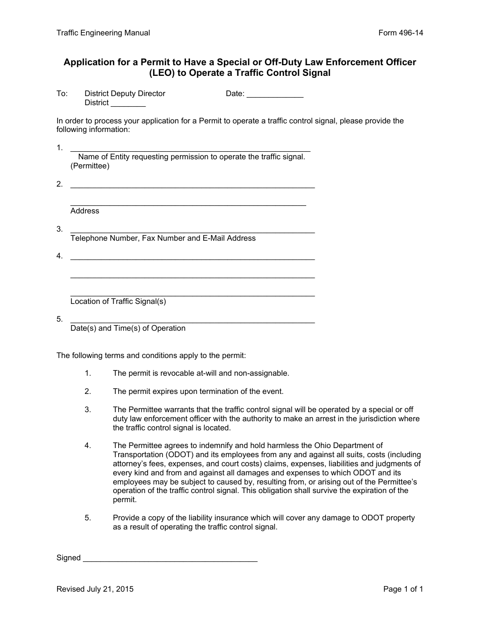 Form 496-14 Application for a Permit for a Special or off-Duty Law Enforcement Officer to Operate a Traffic Control Signal - Ohio, Page 1