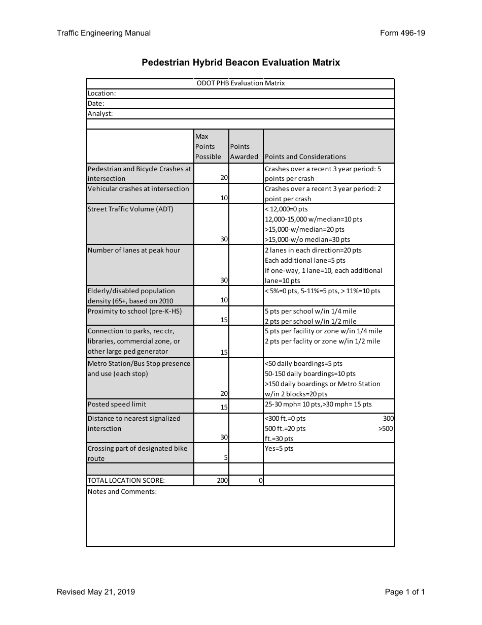 Form 496-19 Pedestrian Hybrid Beacon Evaluation Matrix - Ohio, Page 1