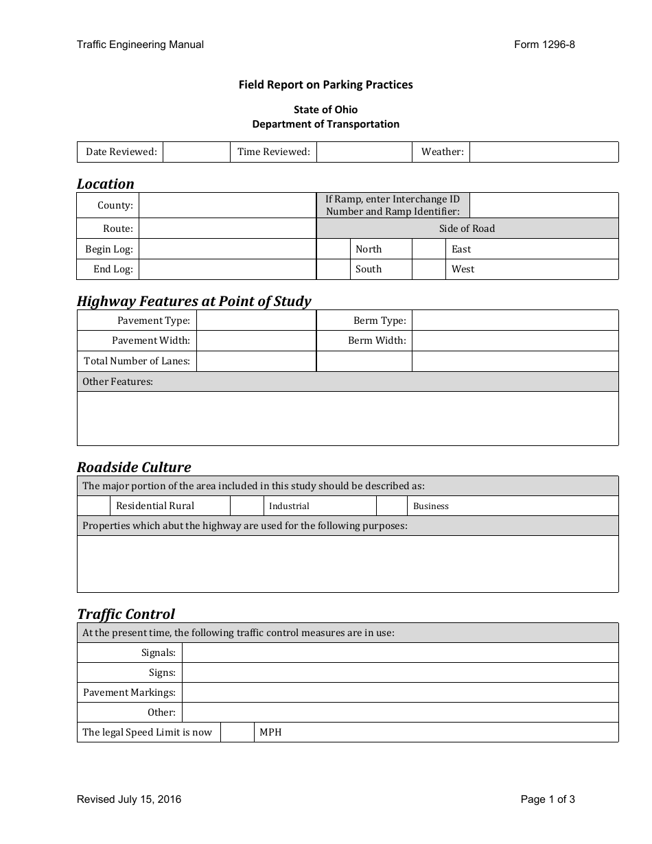 Form 1296-8 Field Report on Parking Practices - Ohio, Page 1