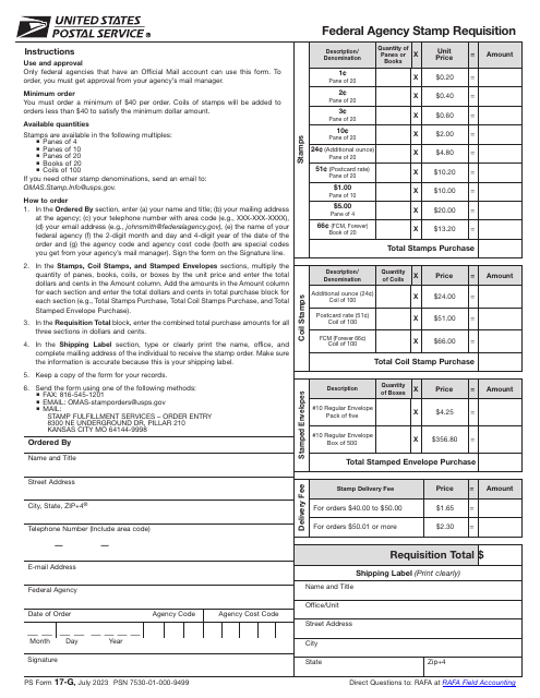 PS Form 17-G Federal Agency Stamp Requisition