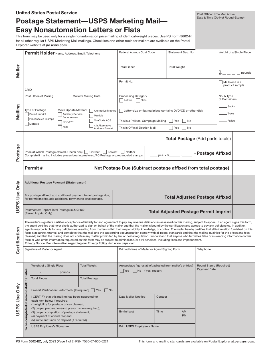 PS Form 3602-EZ Postage Statement - USPS Marketing Mail - Easy Nonautomation Letters or Flats, Page 1