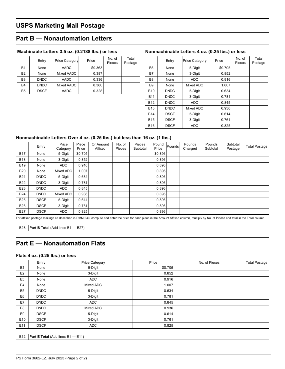 PS Form 3602-EZ Postage Statement - USPS Marketing Mail - Easy Nonautomation Letters or Flats, Page 2