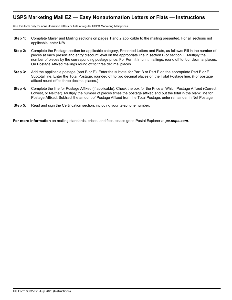 PS Form 3602-EZ Postage Statement - USPS Marketing Mail - Easy Nonautomation Letters or Flats, Page 3