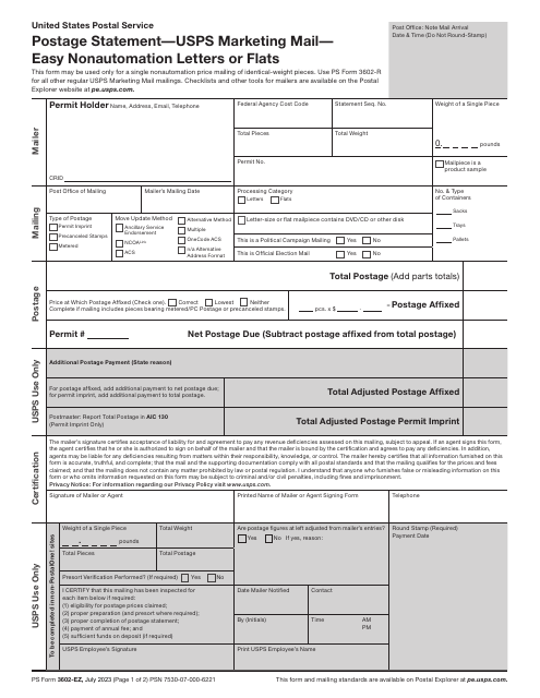 PS Form 3602-EZ Postage Statement - USPS Marketing Mail - Easy Nonautomation Letters or Flats