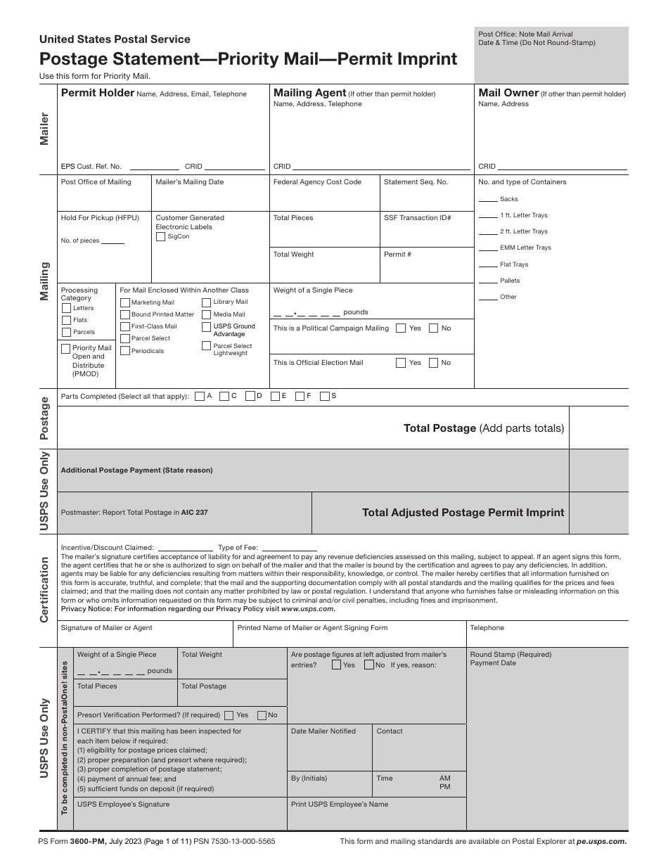 PS Form 3600-PM Postage Statement - Priority Mail - Permit Imprint, Page 1
