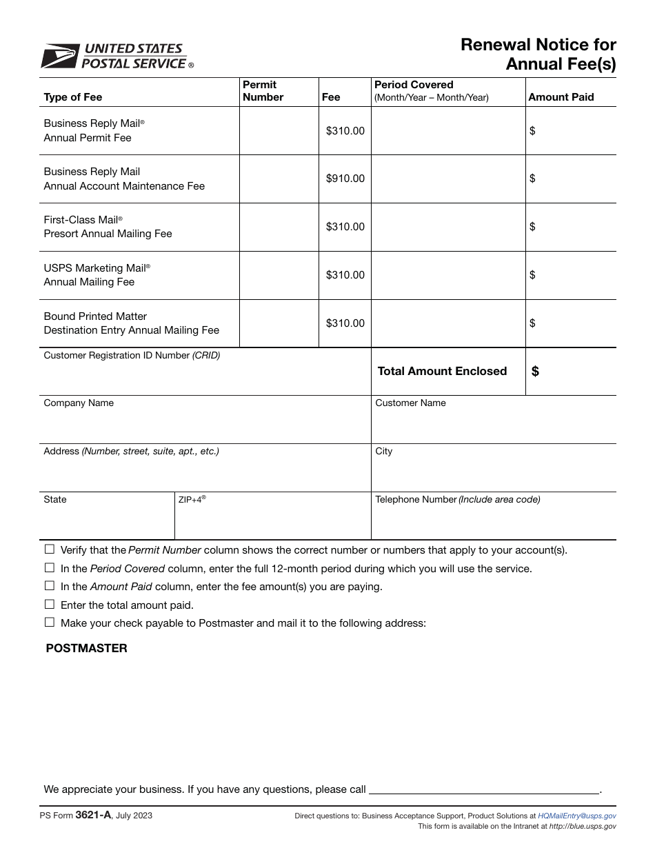 PS Form 3621-A Renewal Notice for Annual Fee(S), Page 1