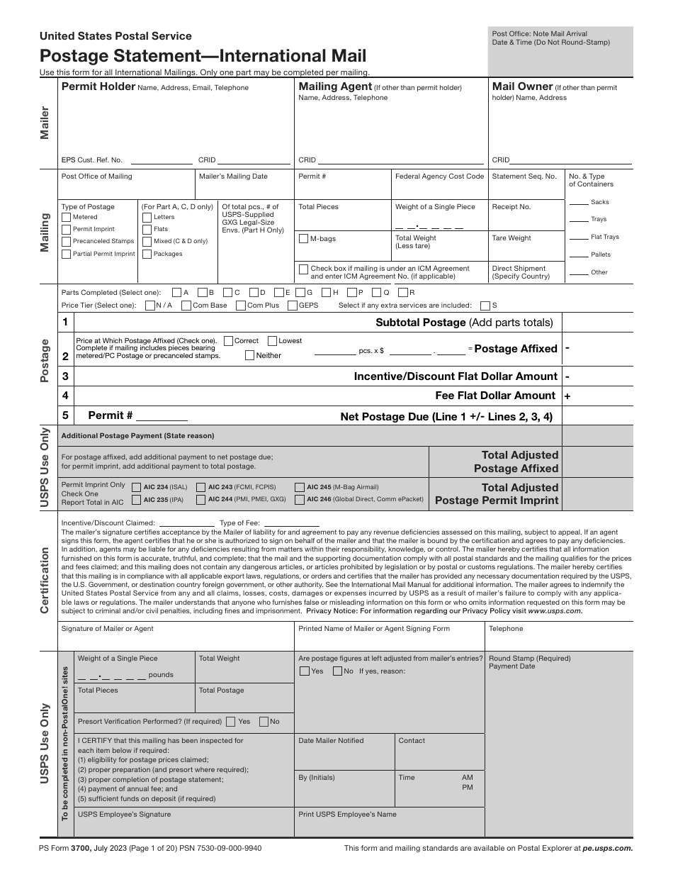 PS Form 3700 Postage Statement - International Mail, Page 1