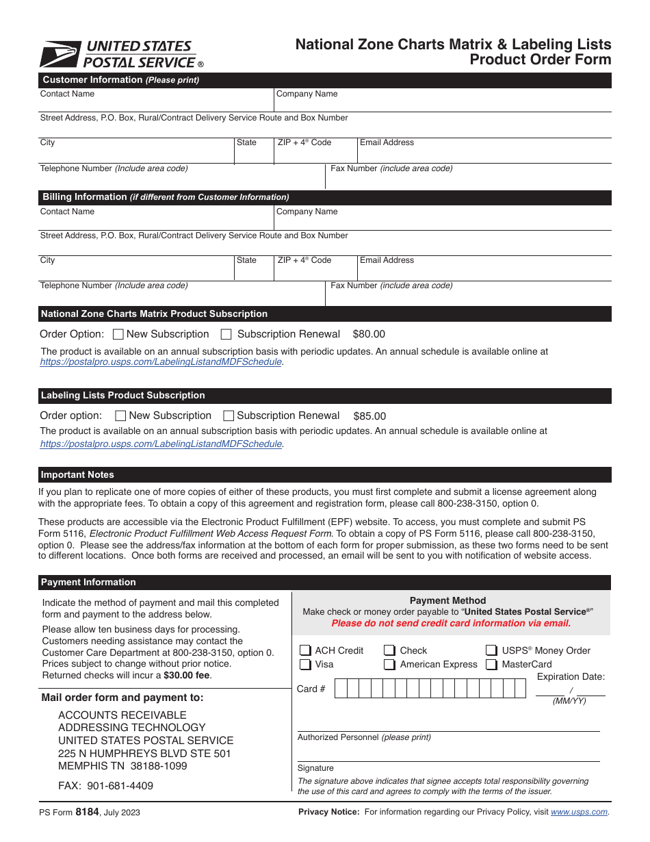 PS Form 8184 National Zone Charts Matrix  Labeling Lists Product Order Form, Page 1
