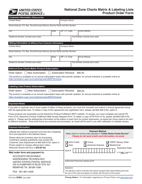 PS Form 8184  Printable Pdf