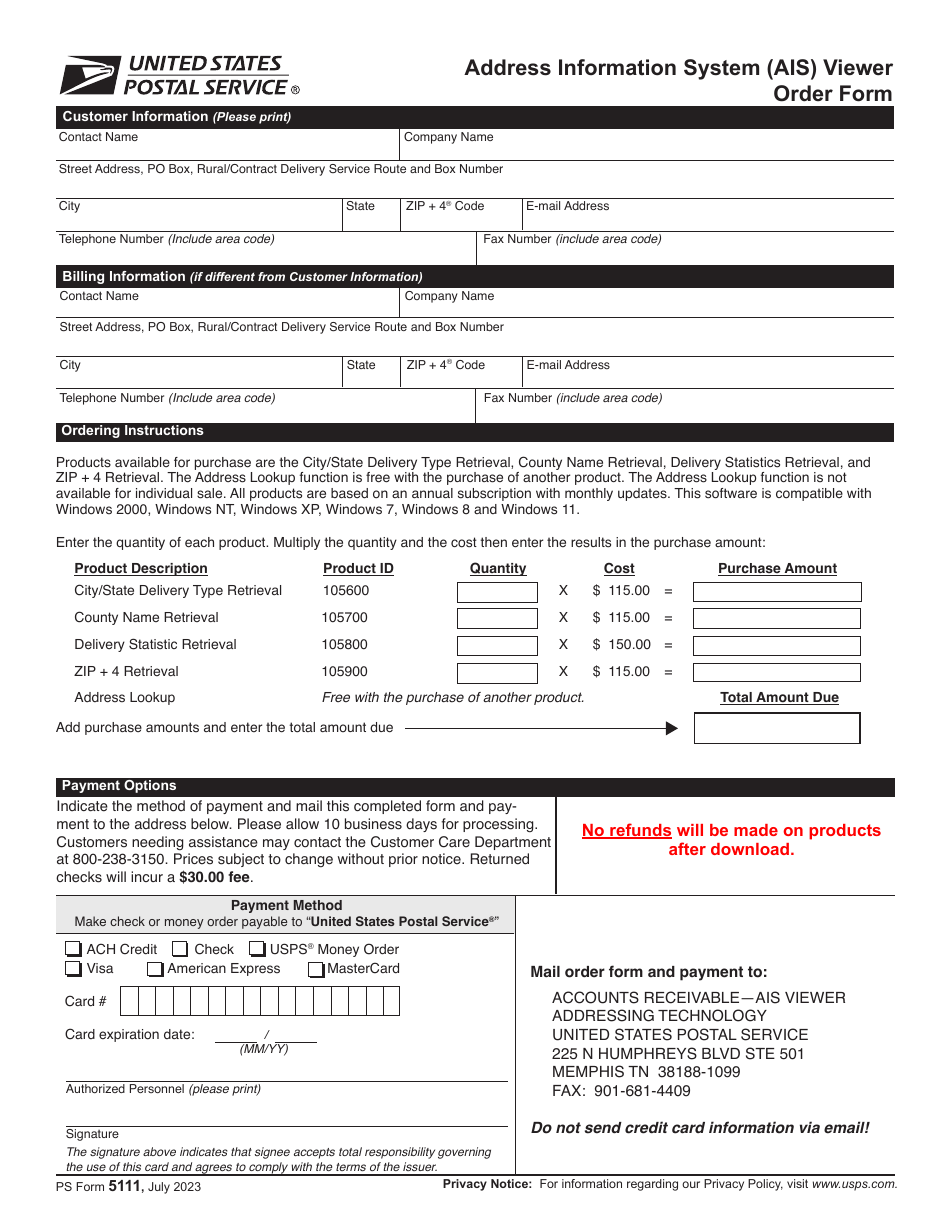 PS Form 5111 Address Information System (Ais) Viewer Order Form, Page 1