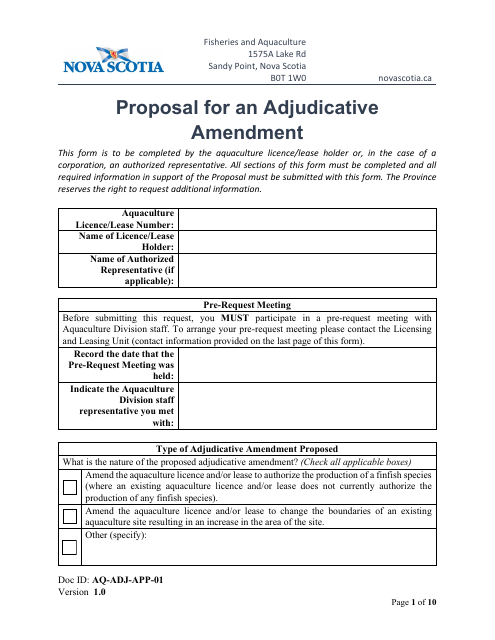 Form AQ-ADJ-APP-01 Proposal for an Adjudicative Amendment - Nova Scotia, Canada
