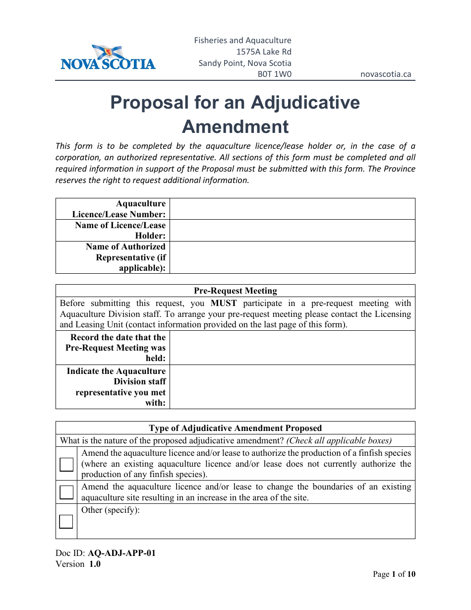 Form AQ-ADJ-APP-01 Proposal for an Adjudicative Amendment - Nova Scotia, Canada, Page 1