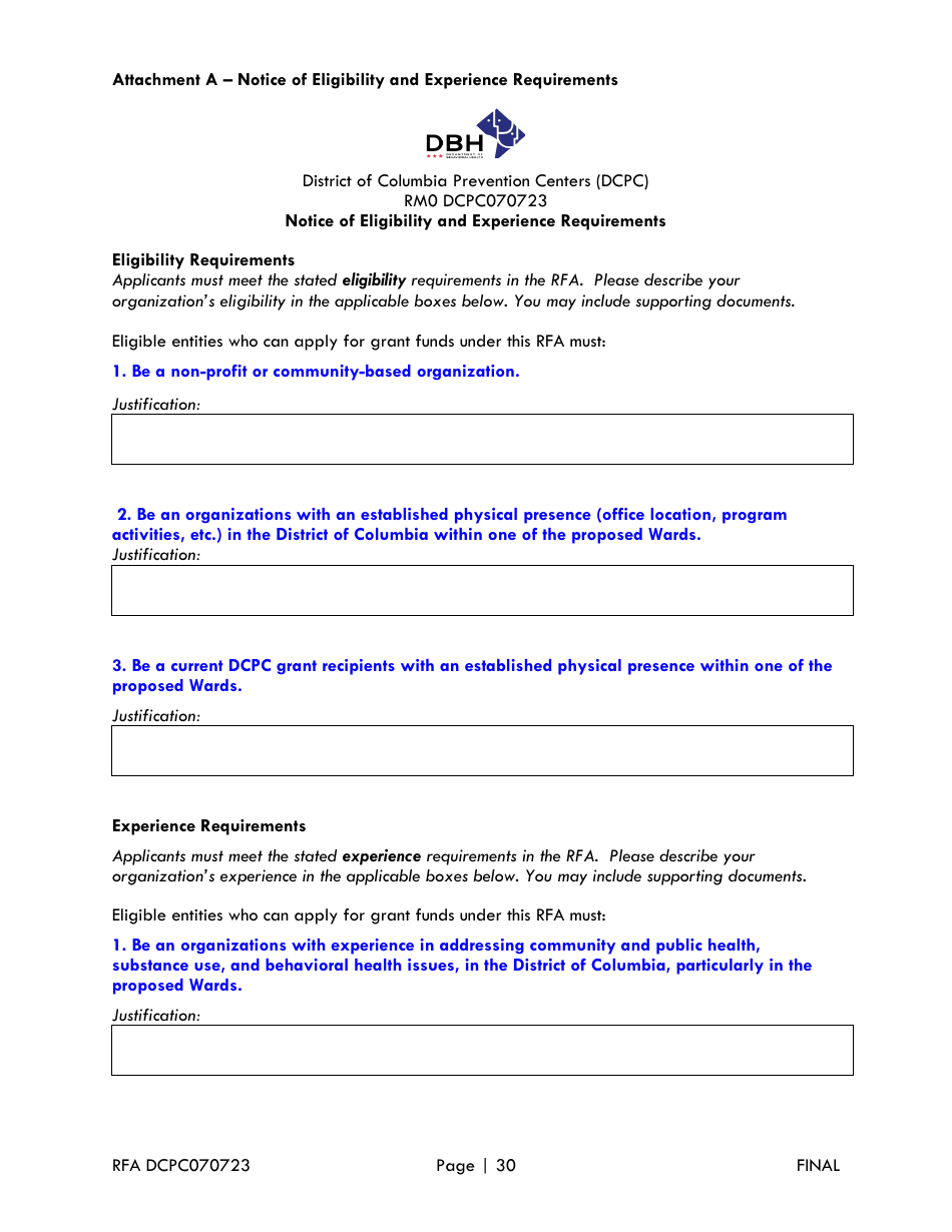 Notice of Eligibility and Experience Requirements - Washington, D.C., Page 1