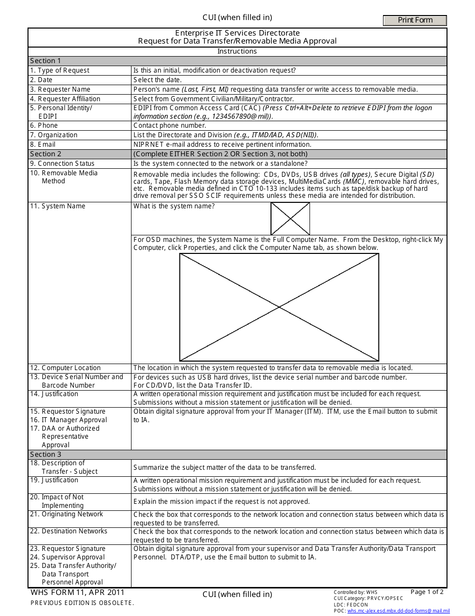WHS Form 11 Enterprise It Services Directorate Request for Data Transfer / Removable Media Approval, Page 1