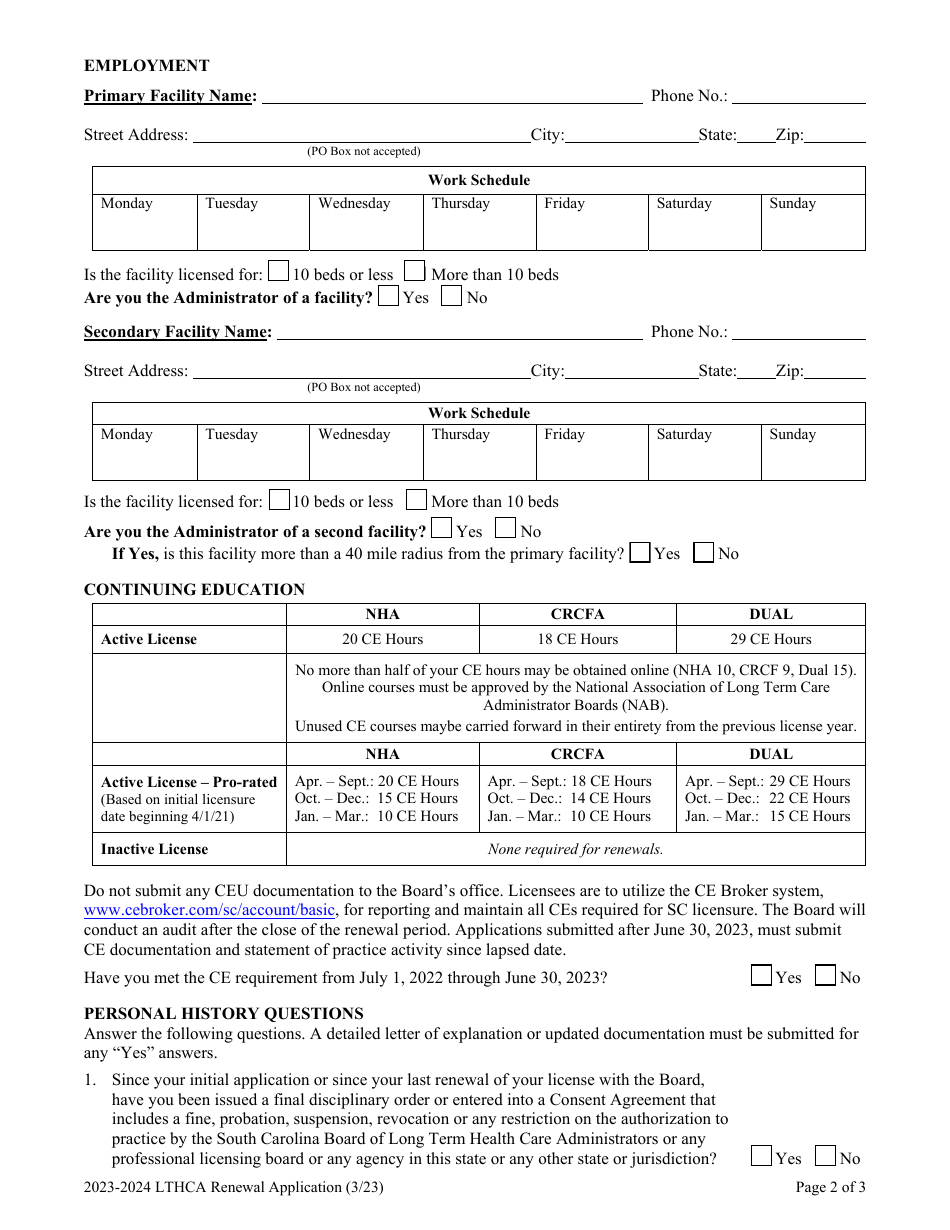 Long Term Health Care Administrator Renewal Application - South Carolina, Page 2