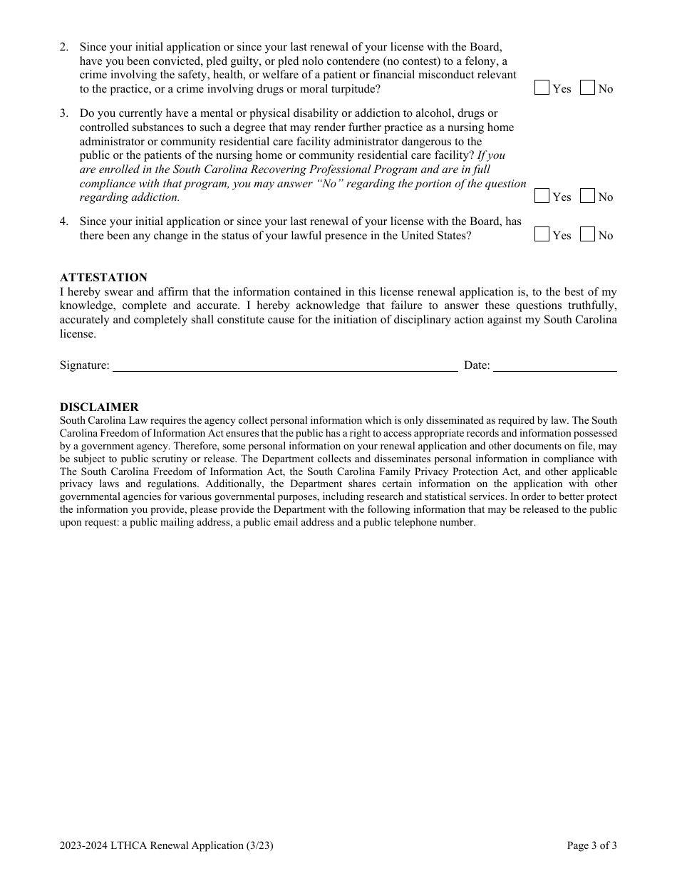 Long Term Health Care Administrator Renewal Application - South Carolina, Page 3