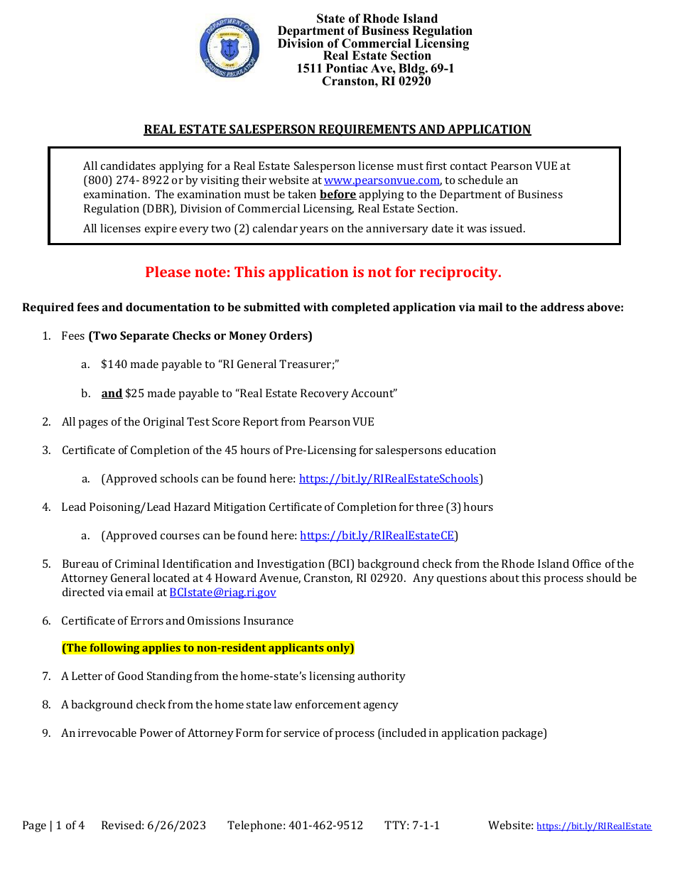 Real Estate Salesperson Application - Rhode Island, Page 1