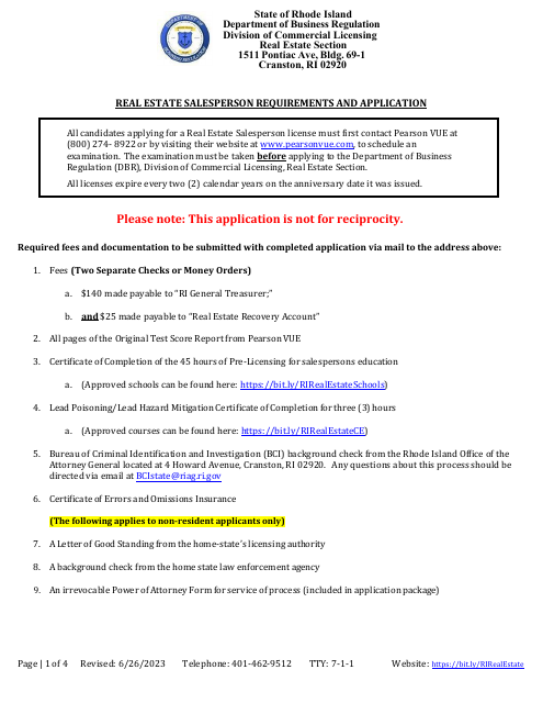 Real Estate Salesperson Application - Rhode Island Download Pdf