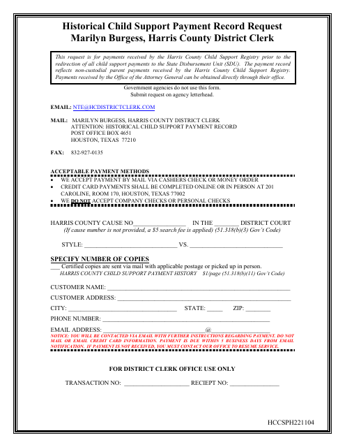 Historical Child Support Payment Record Request - Harris County, Texas Download Pdf
