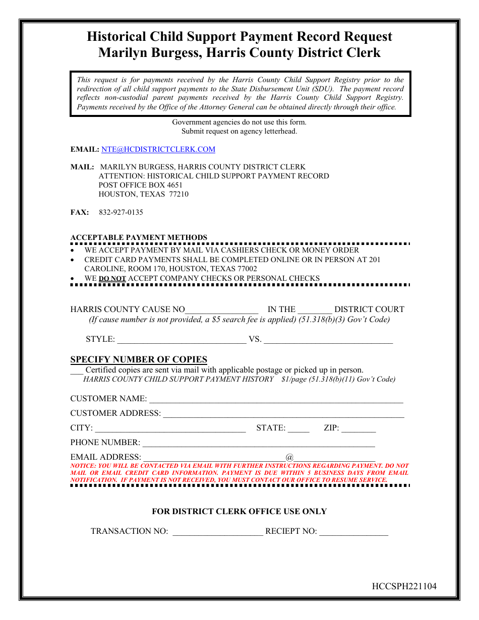 Historical Child Support Payment Record Request - Harris County, Texas, Page 1