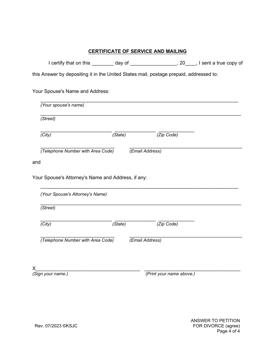 Answer to Petition for Divorce (Agree) - Kansas, Page 4