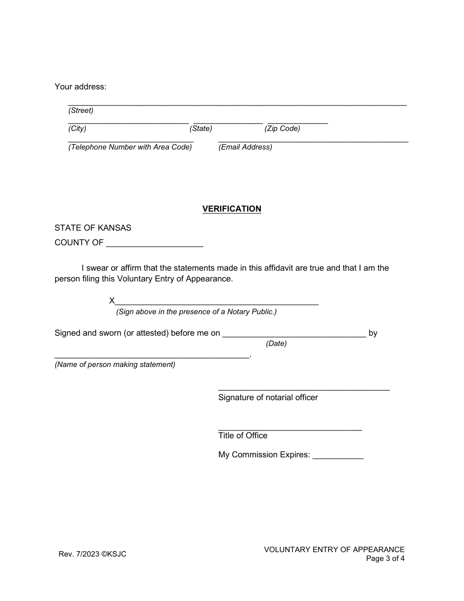 Kansas voluntary entry of appearance fill out sign online and