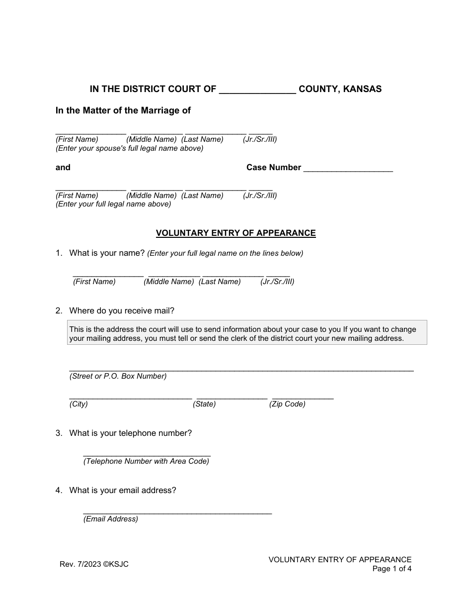 Kansas Voluntary Entry of Appearance Download Fillable PDF 2016 — 2024