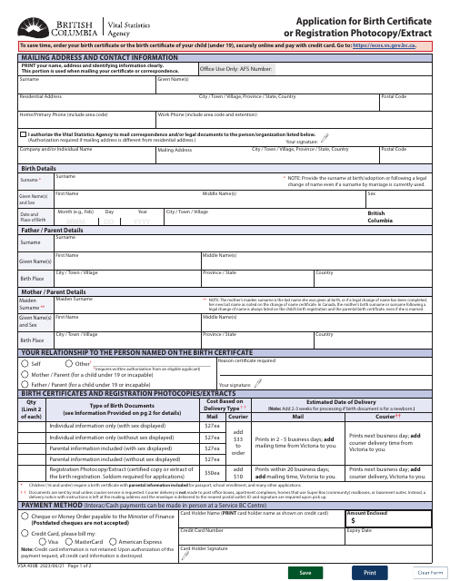 Form VSA430B Application for Birth Certificate or Registration Photocopy/Extract - British Columbia, Canada