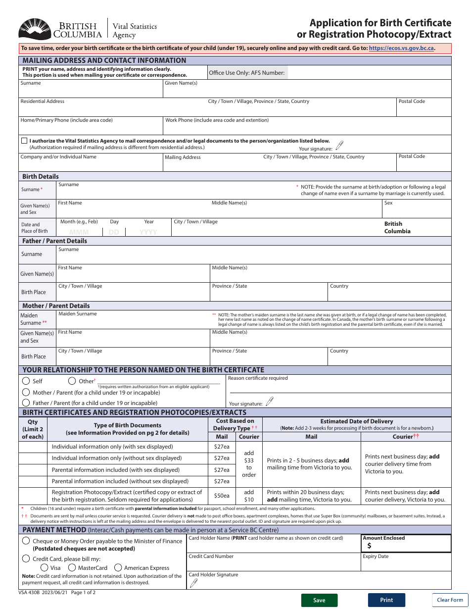 Form VSA430B Application for Birth Certificate or Registration Photocopy / Extract - British Columbia, Canada, Page 1