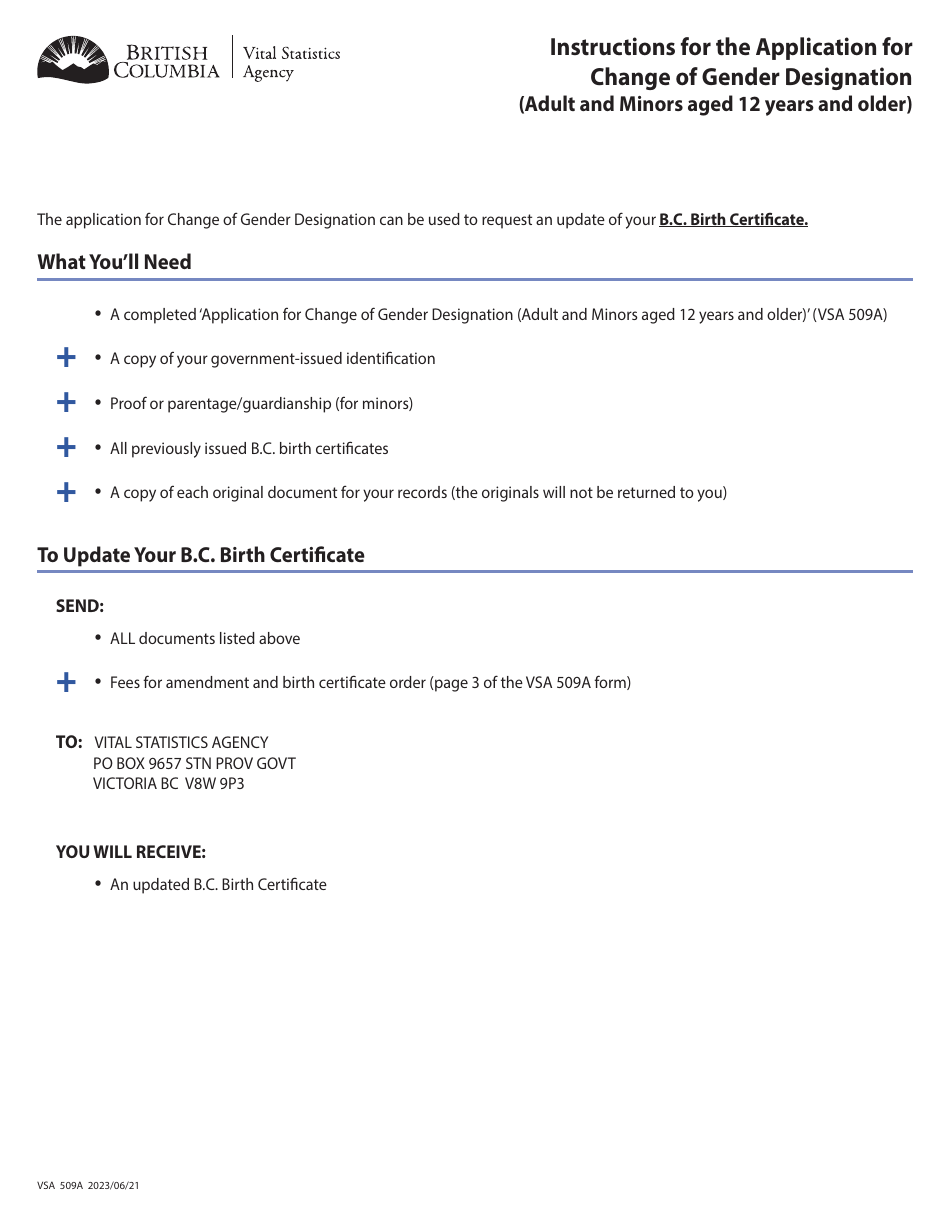 Form VSA509A Application for Change of Gender Designation (Adults and Minors Aged 12 Years and Older) Changing B.c. Birth Certificate / Registration - British Columbia, Canada, Page 1