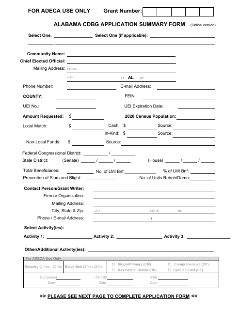 Alabama Cdbg Application Summary Form - Alabama