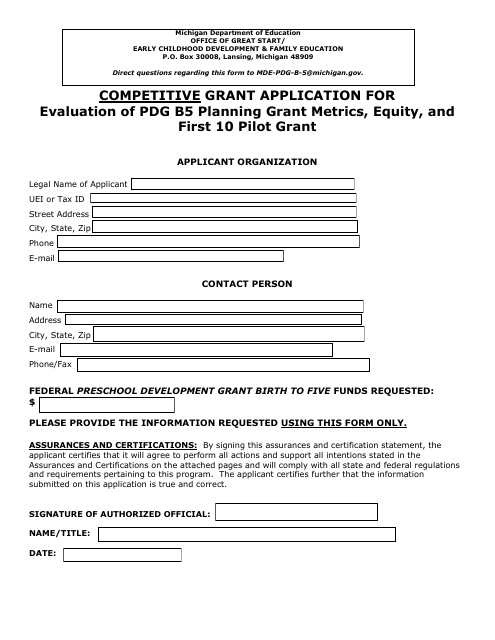 Competitive Grant Application for Evaluation of Pdg B5 Planning Grant Metrics, Equity, and First 10 Pilot Grant - Michigan Download Pdf