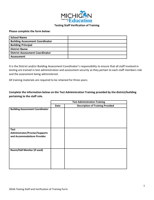 Oeaa Testing Staff and Verification of Training Form - Michigan Download Pdf