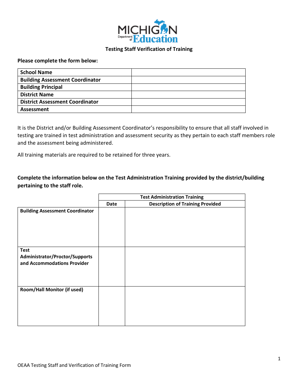Oeaa Testing Staff and Verification of Training Form - Michigan, Page 1