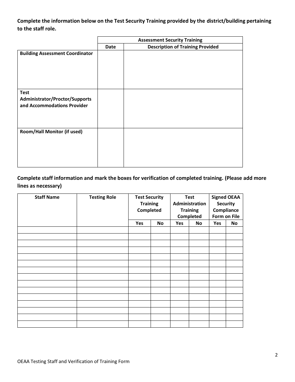 Oeaa Testing Staff and Verification of Training Form - Michigan, Page 2